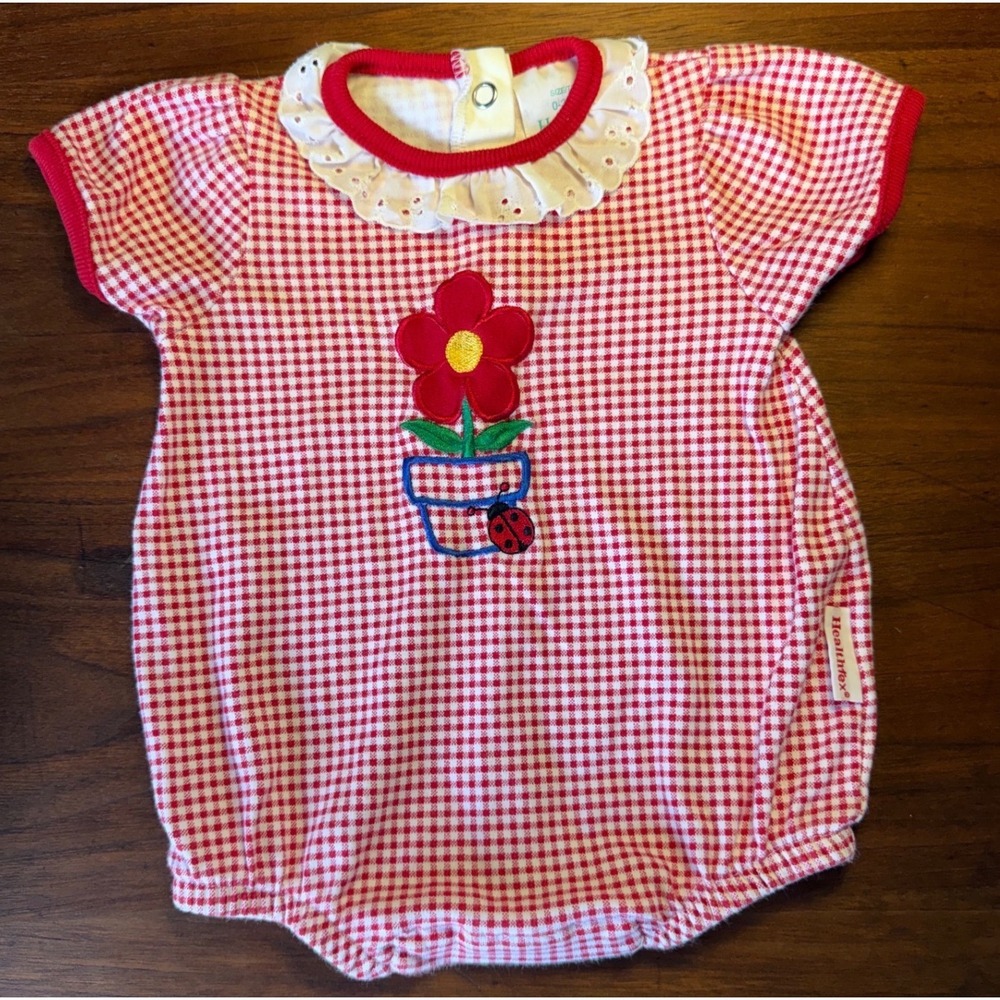 Vintage Health-Tex Red Gingham Baby Romper Flower Ladybug Union Made USA 0-3M